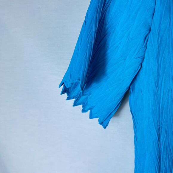 Vintage 90s Rene Margo Turquoise Blue Crinkle Pleated SS Button Down Top Size S - Picture 5 of 11